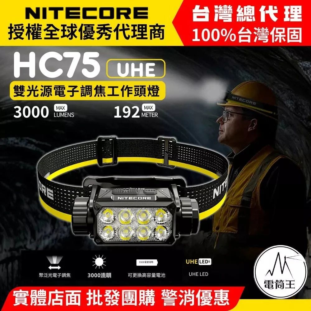 NITECORE HC75 UHE 3000流明 192米 可充電工作頭燈 聚泛光電子調焦 雙重防誤觸