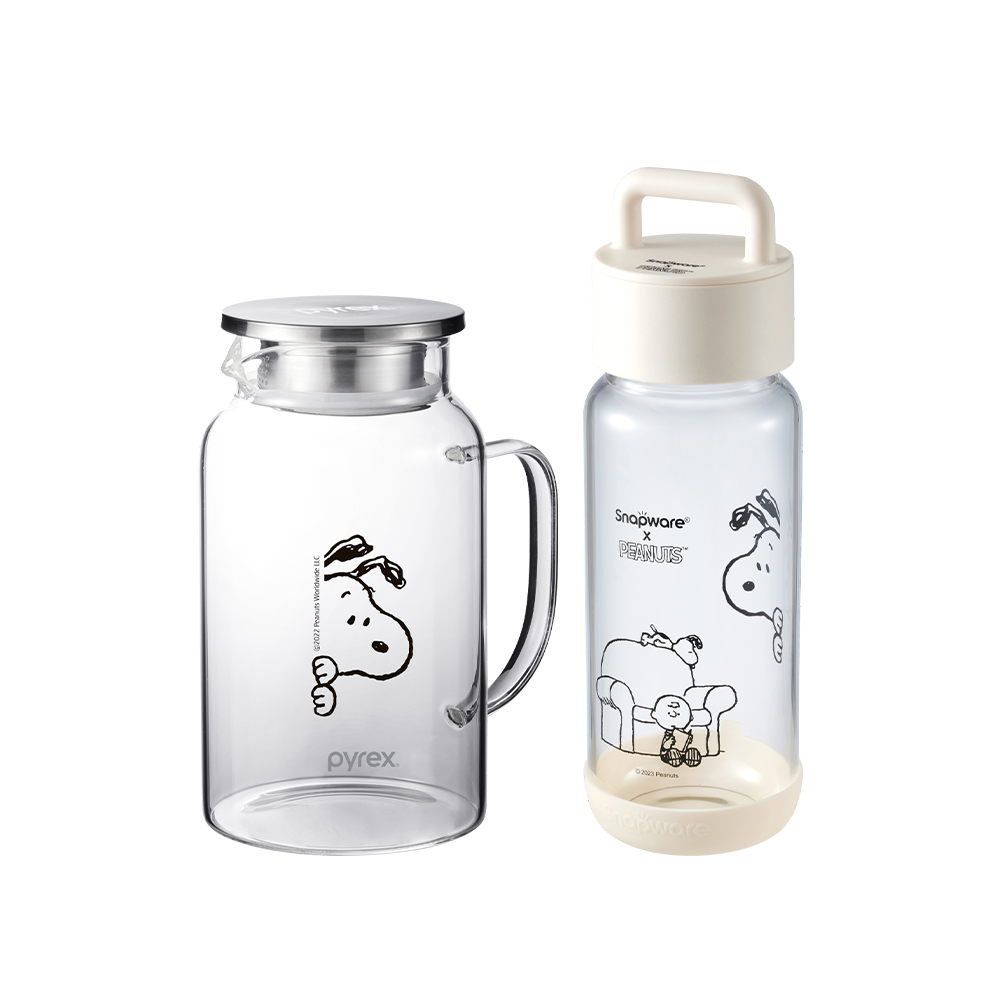 康寧PYREX SNOOPY 黑白復刻耐熱玻璃壺1450ML+隨行玻璃瓶710ML