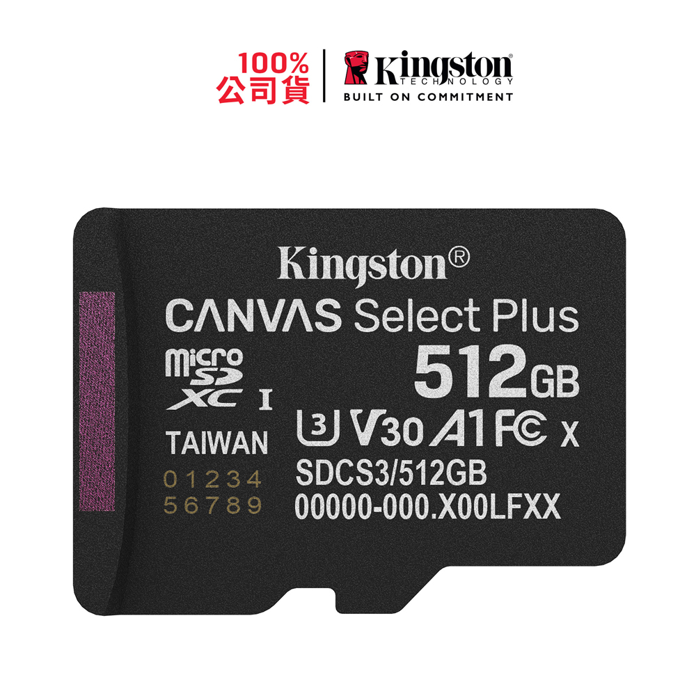 金士頓 Kingston Canvas Select Plus microSDXC UHS-I U3 V30 A1 512GB 記憶卡(SDCS3/512GB)