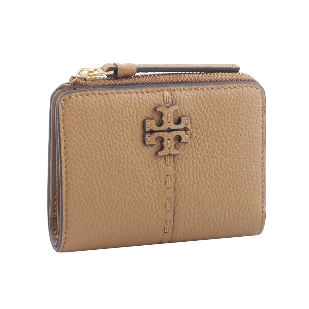 TORY BURCH McGRAW 鵝卵石皮革暗釦對開二折短夾(提拉米蘇) 148751 227