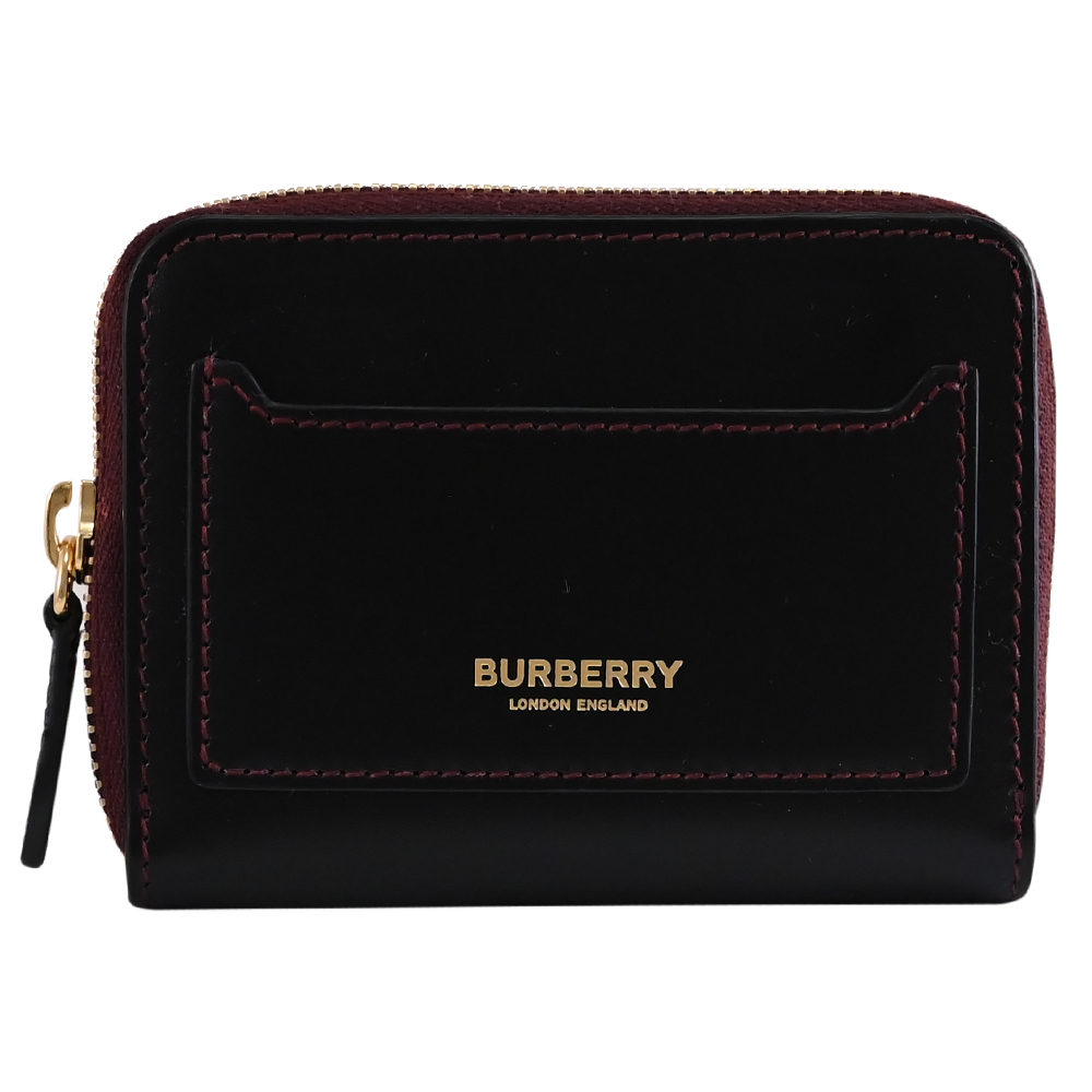 BURBERRY 8090468 燙金LOGO拉鍊卡片零錢包.黑/酒紅邊