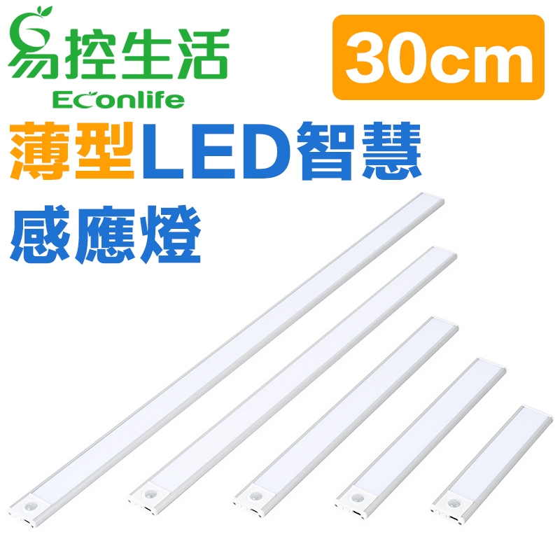 EconLife 易控生活 磁吸式薄型LED智慧感應燈 30cm 銀色(多種燈色)USB充電 衣櫃燈條(J30-034-02)
