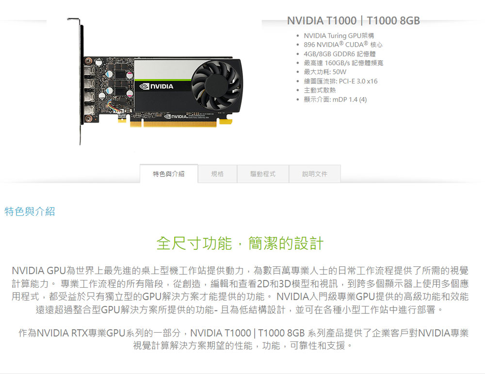 麗臺NVIDIA T1000 8GB GDDR6 128bit 工作站繪圖卡- PChome 商店街