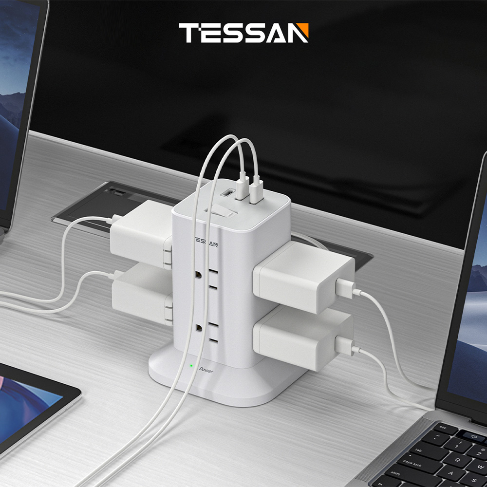 TESSAN 1開8插3P USB+PD20W立式桌上型延長線-1.8米