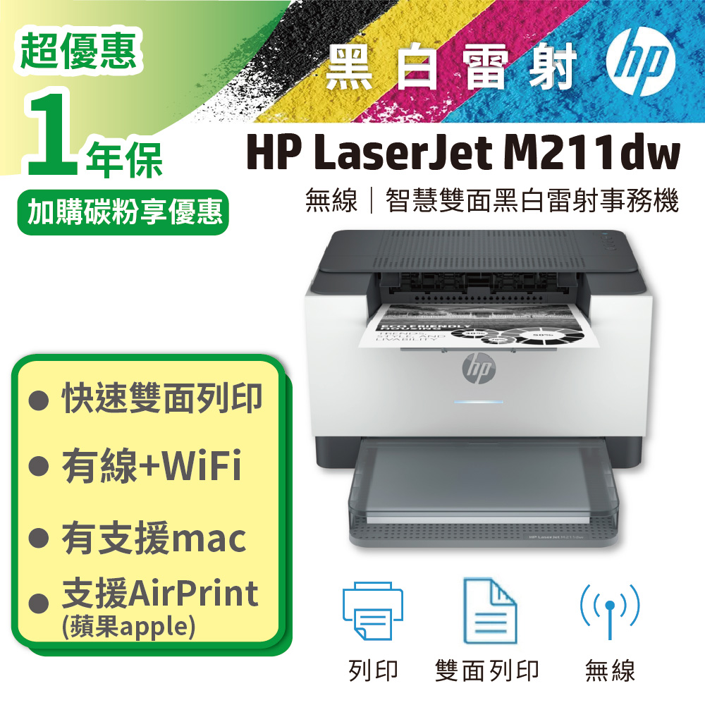 【HP超值加購碳粉送保固方案!】HP LaserJet M211dw 無線雙面黑白雷射印表機