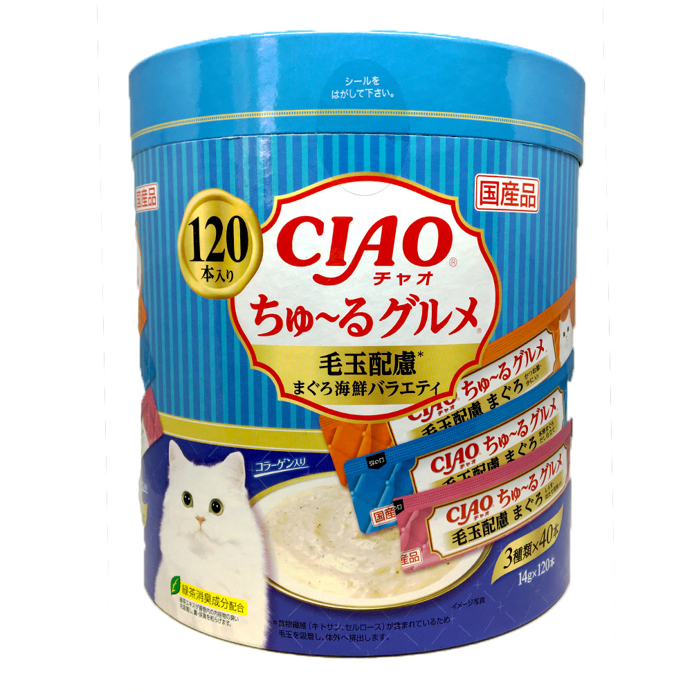 日本CIAO 啾嚕燒肉泥桶SC-214 化毛配方鮪魚海鮮綜合14g (120入