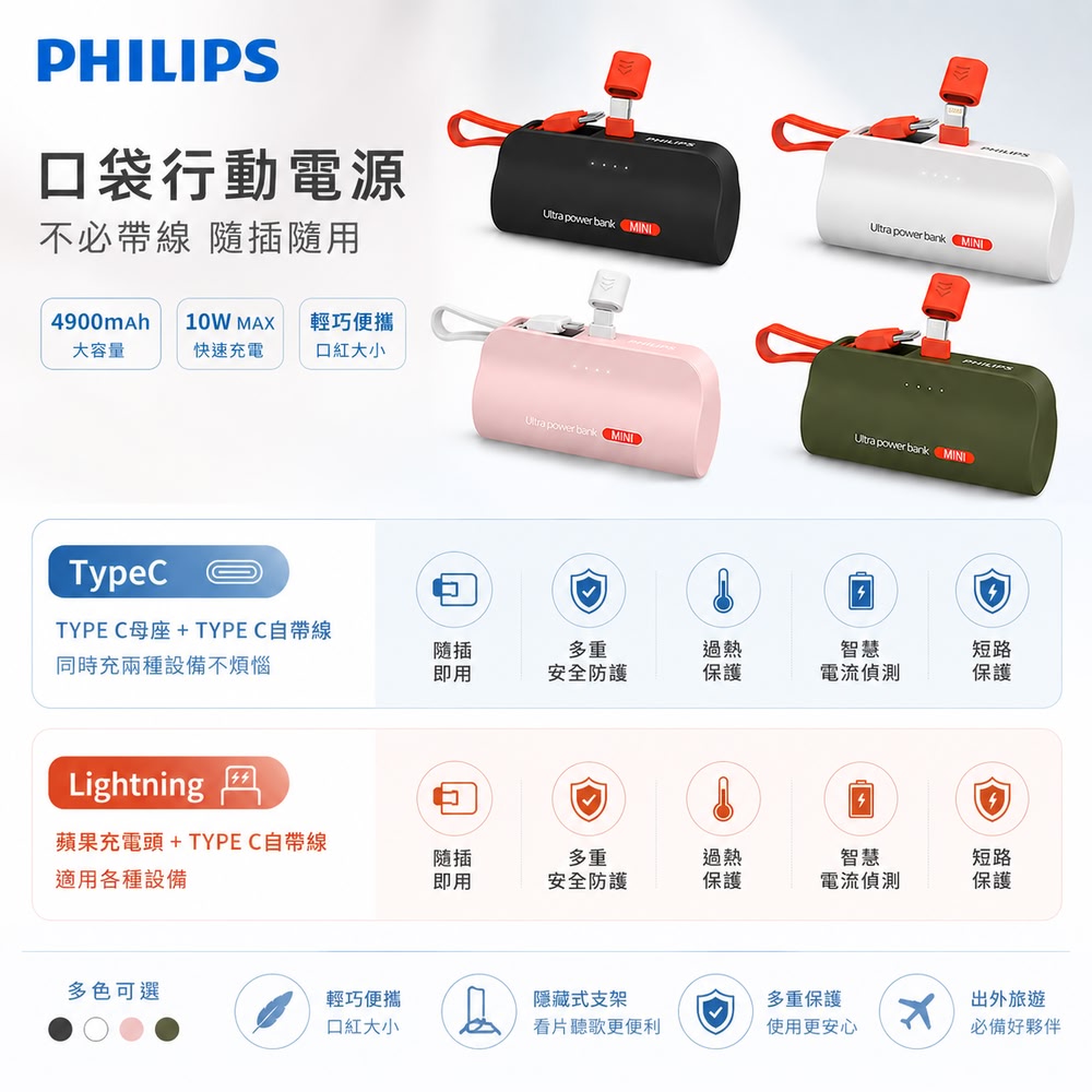 PHILIPS飛利浦 自帶線+支架 直插式4900mAh 行動電源 (DLP2550)