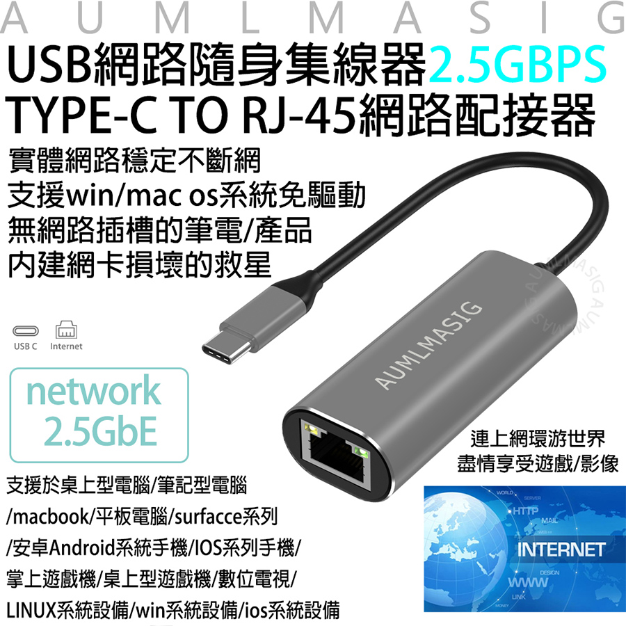 AUMLMASIGUSB C 網路隨身集線器TYPE C TO RJ 45 2 5GbE 筆電網卡損壞的救星 PChome 24h購物