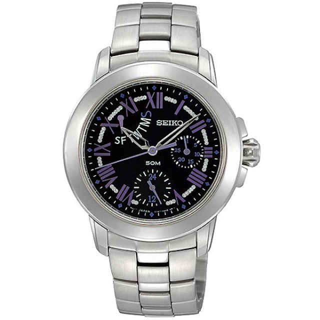 SEIKO 精工 Criteria SPA801P1 羅馬字 藍寶石鏡面 星期逆跳 鋼錶帶 三眼女錶 5Y67-0AV0D 黑/銀 36mm