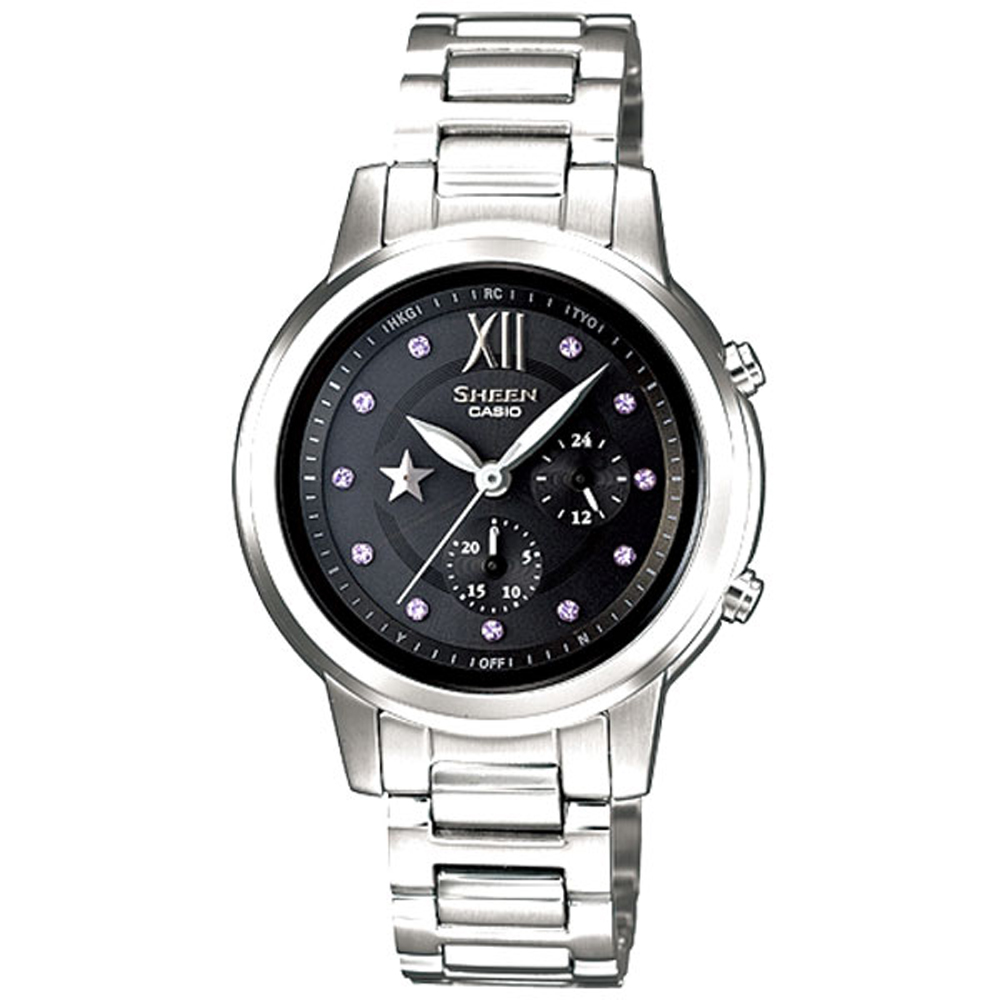 CASIO 卡西歐 SHEEN戀夜星辰太陽能電波時尚錶-黑