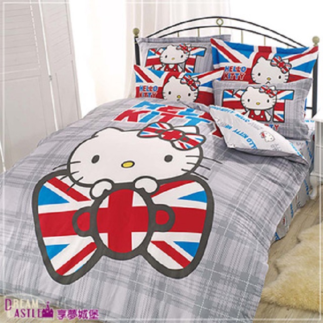 享夢城堡 HELLO KITTY英倫風系列-單人床包兩用被組(灰)