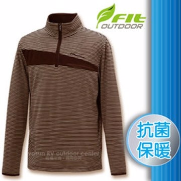FIT 維特 男 條紋竹炭抗菌內刷保暖上衣.輕量立領半開襟休閒衫.袖保暖衣/抗菌保暖.細緻搖粒/FW1102-05 摩卡色 W