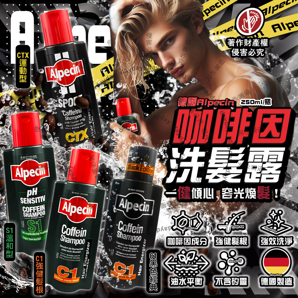 Alpecin 德國強健髮根控油無矽靈咖啡因洗髮凝露250ml/瓶(C1強健髮根/CTX運動型/A3抗頭皮削/S1溫和型_4款可選)