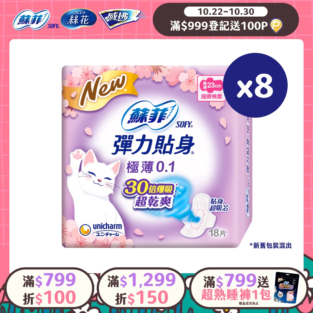 SOFY 蘇菲 彈力貼身極薄0.1cm潔翼日用(23CM)(18片 x 8包/組)*新舊包裝混出