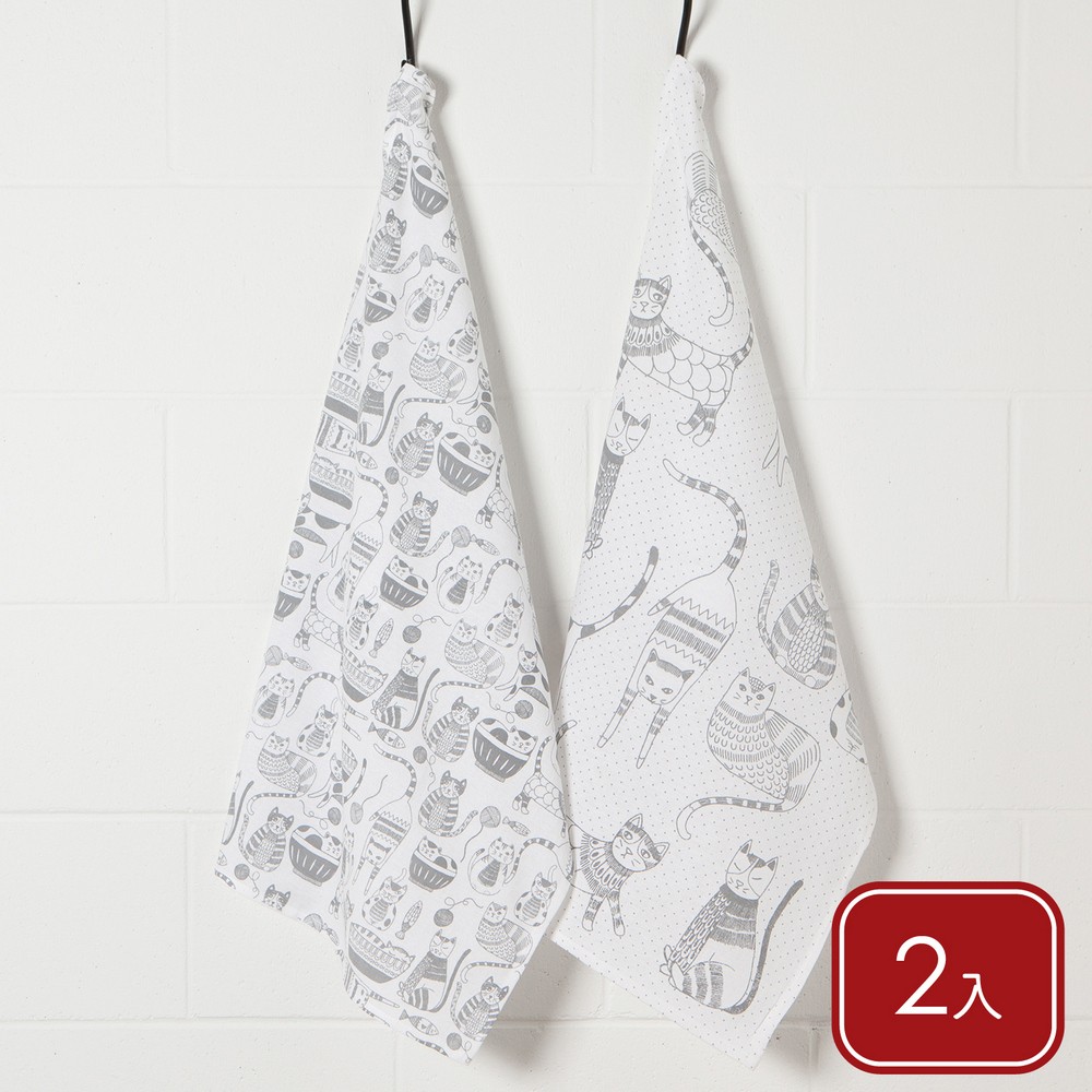 NOW 美國 純棉擦拭布2入(貓派對76x51cm) / 廚房抹布 清潔布 擦拭布 茶巾