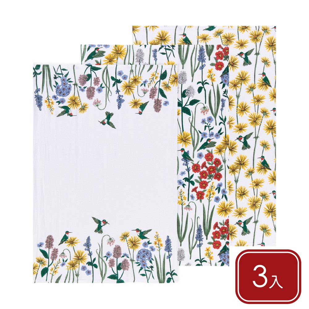 NOW 美國 純棉擦拭布3入(繁花蜂影76x51cm) / 清潔布 超細纖維布 擦車布 吸水布