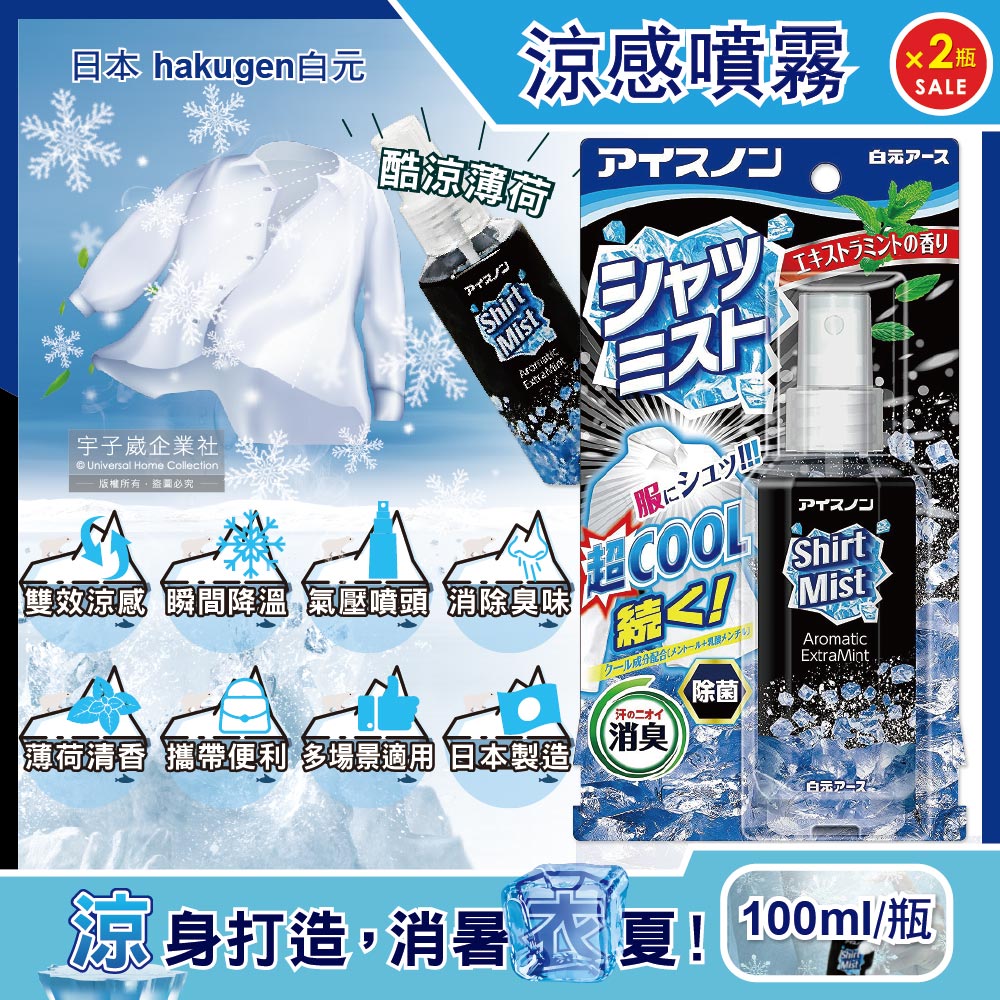 白元 (2瓶超值組)日本hakugen白元-夏日降溫衣物除臭酷涼薄荷涼感噴霧100ml/瓶 (冷卻衣物快速降溫)