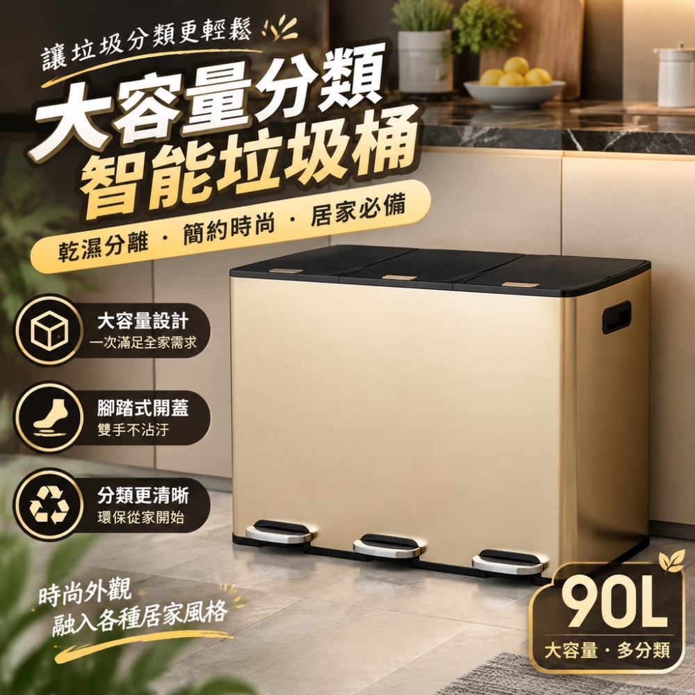 90L不鏽鋼垃圾桶 商用垃圾桶 辦公室垃圾桶 書房垃圾桶 廚房分類垃圾桶 乾濕分離 腳踏帶蓋 三分類垃圾桶