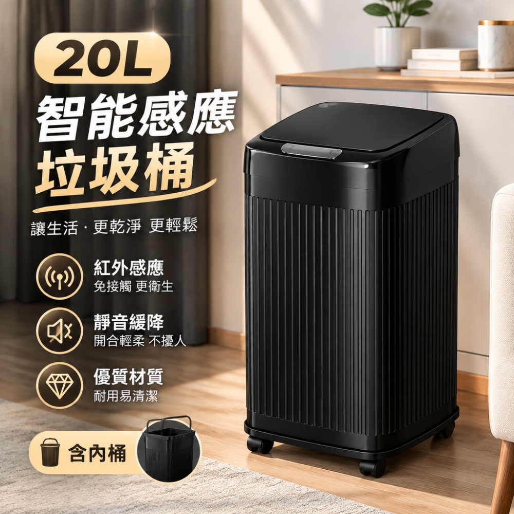 20L智能垃圾桶 家用可移動 客廳輕奢高顏值 自動電動感應式 商用垃圾桶 帶蓋垃圾桶 感應式垃圾桶 殘餘桶