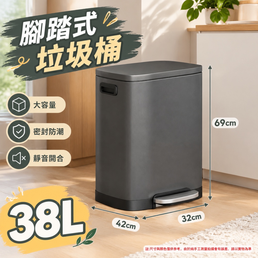 【銳達】垃圾桶 廚房不銹鋼垃圾桶 腳踏式垃圾桶 加厚靜音垃圾桶 雙桶設計 腳踏開合 38L