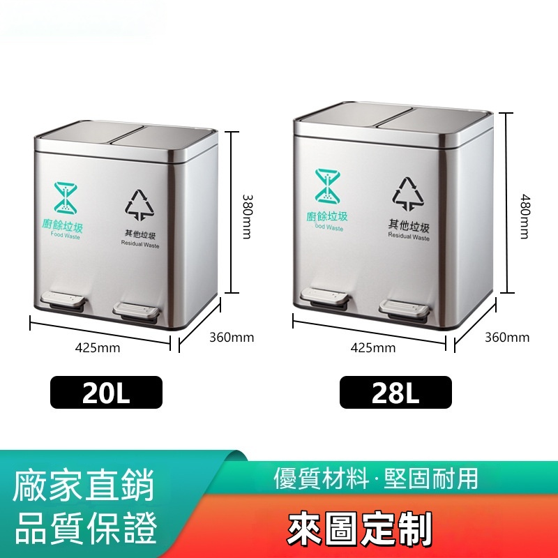 【伊達】不銹鋼雙分類腳踏垃圾桶 20L/28L 可選 廚餘 / 其他垃圾分類桶