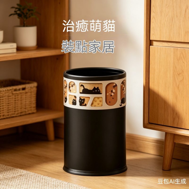 【伊達】家用無蓋垃圾桶 日系萌貓圖案款 大容量防刮耐磨 客廳/臥室/書房適用