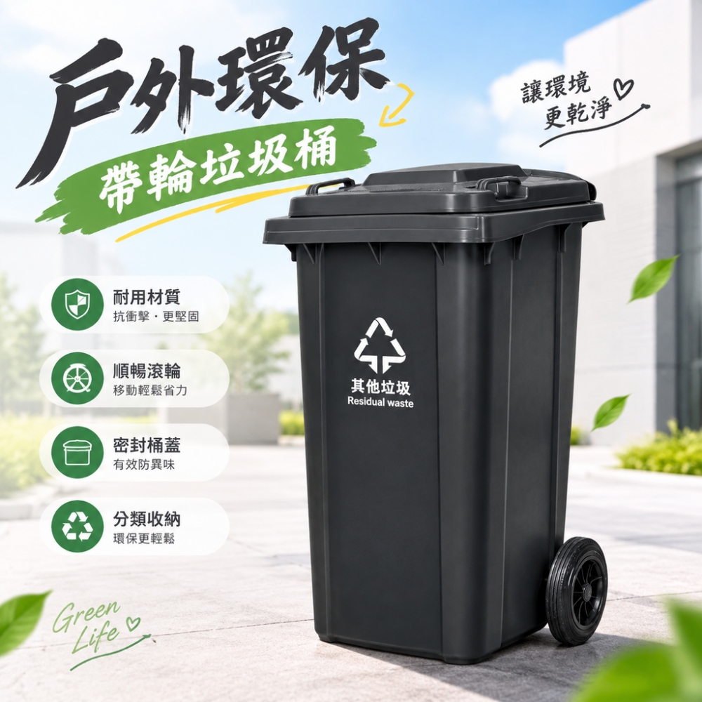 【匠造家】戶外垃圾桶 帶輪垃圾箱 大型塑膠分類桶 帶蓋資源回收桶 120L商用垃圾桶 大容積廚餘桶