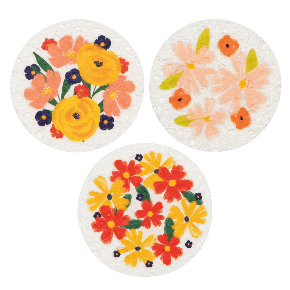 NOW 美國 環保木漿海綿菜瓜布3入(繁花盛放) / 洗碗海綿 木漿海棉 清潔刷 可機洗 洗碗機可洗