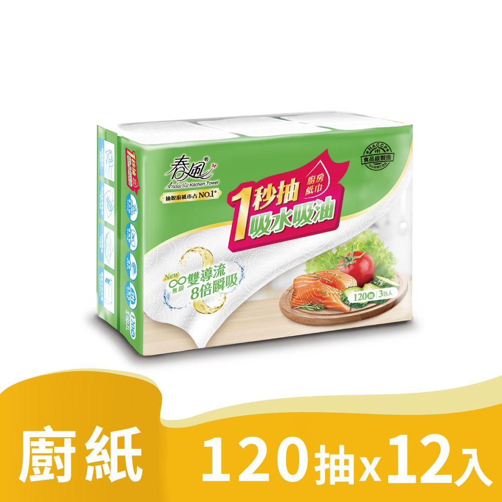 SILLACE 春風 一秒抽抽取式廚房紙巾(120抽x3包x4串)
