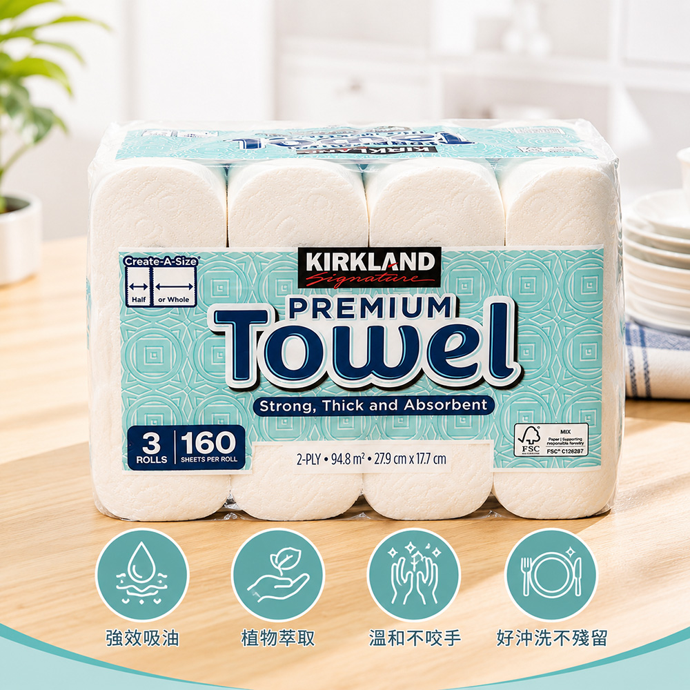Kirkland 科克蘭 兩層隨意撕特級廚房紙巾160張X12捲
