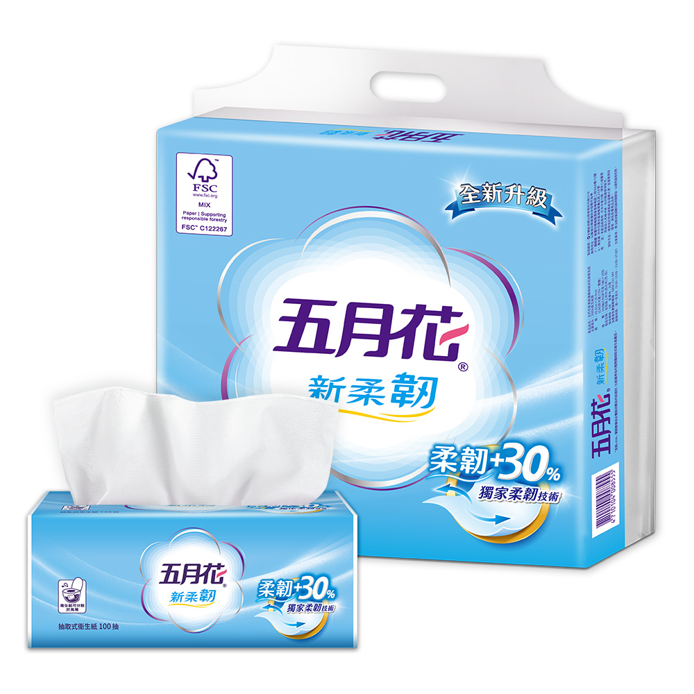 五月花 新柔韌抽取衛生紙(100抽x10包x6袋/箱)