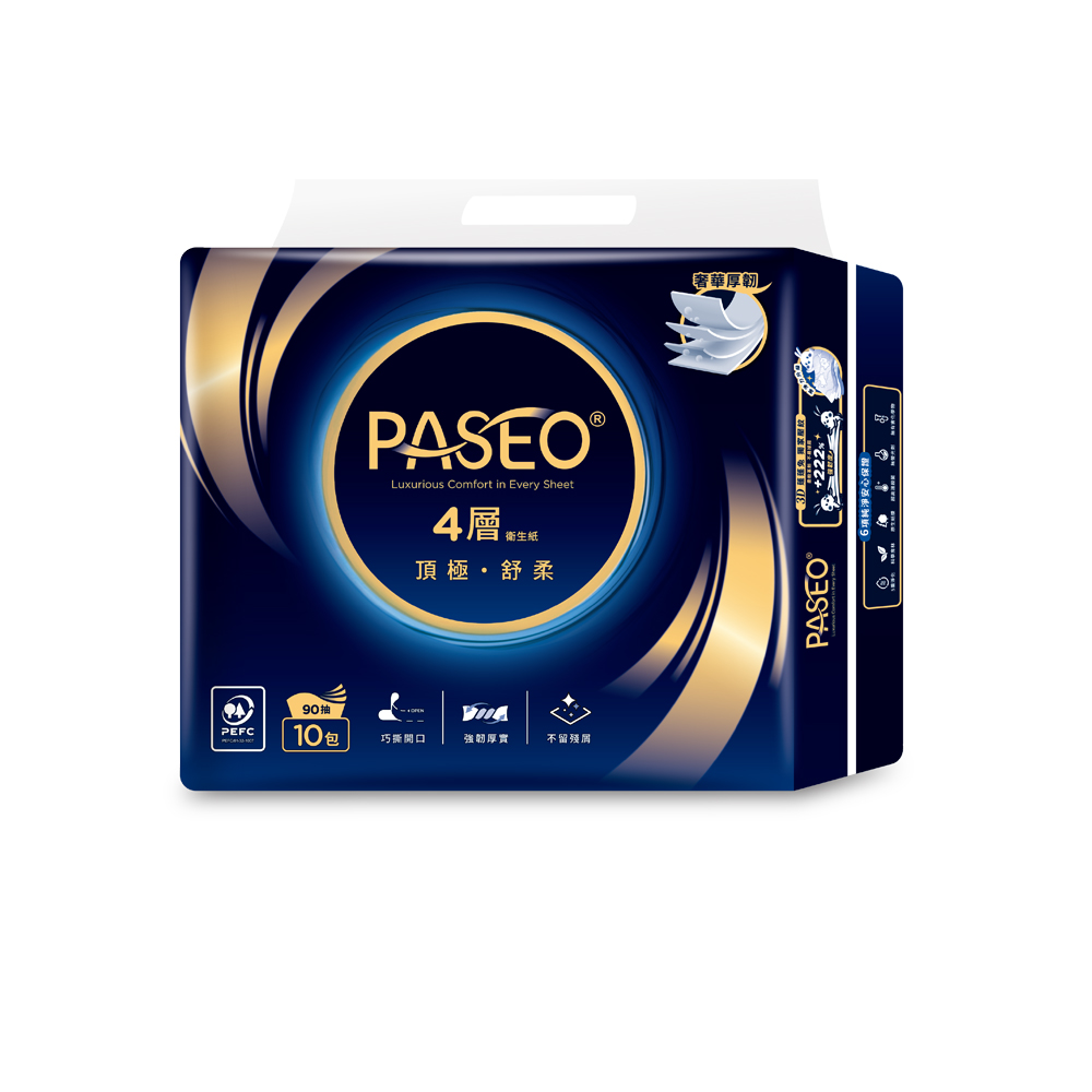PASEO 百拭柔 4層頂極舒柔抽取衛生紙90抽x10包x3袋(共30包)