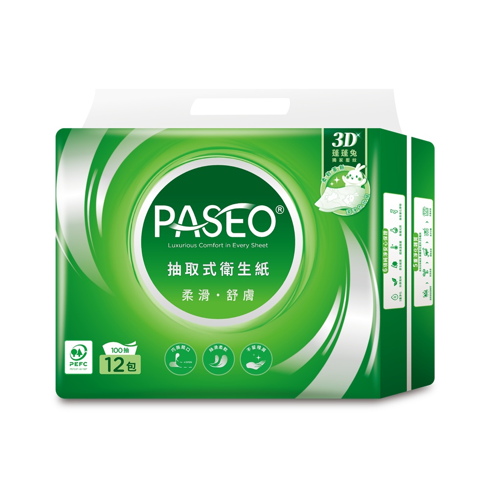 PASEO 百拭柔 柔滑舒膚抽取式衛生紙100抽12包/串