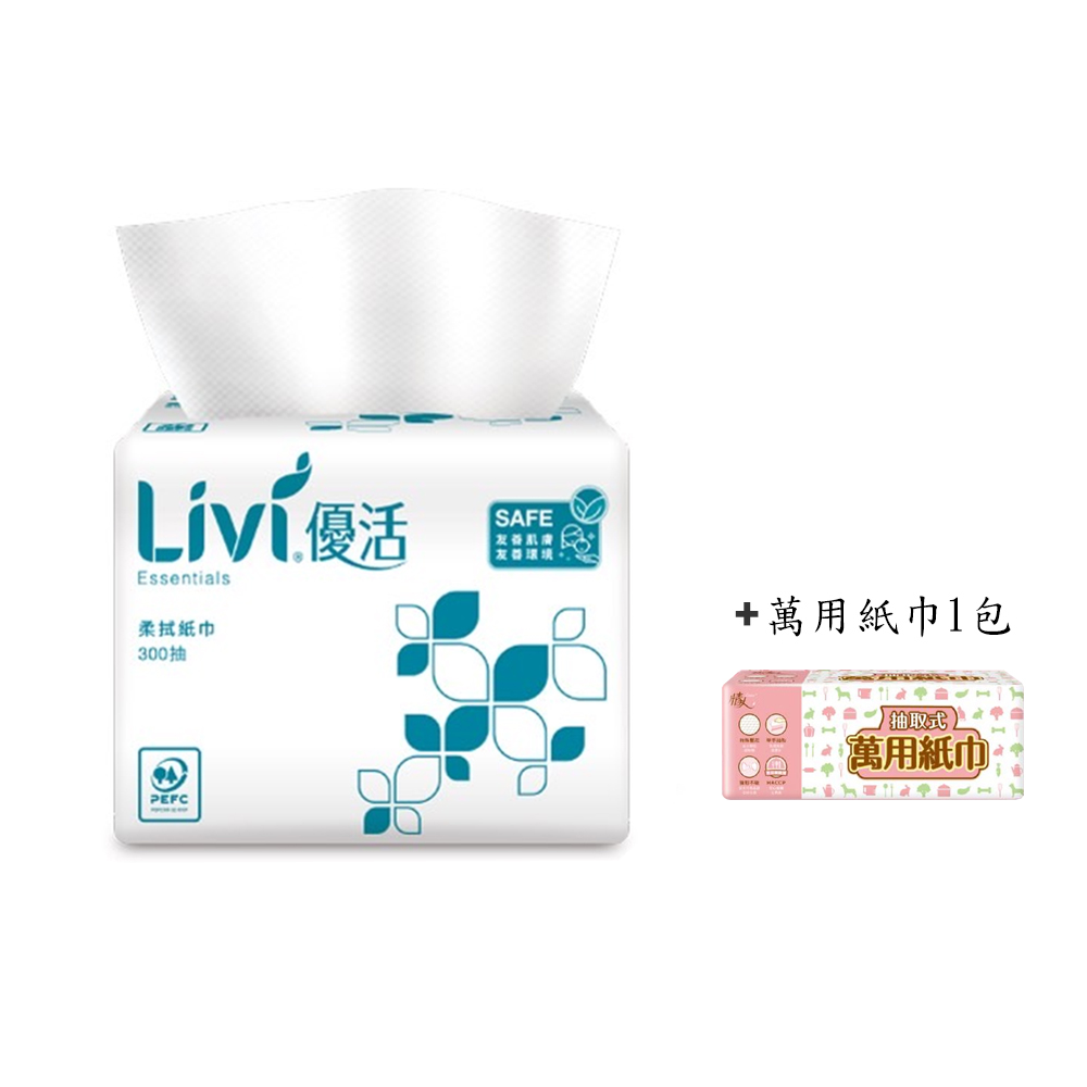 【Livi 優活】單抽式柔拭紙巾300抽*12包+情人萬用廚房紙巾1包