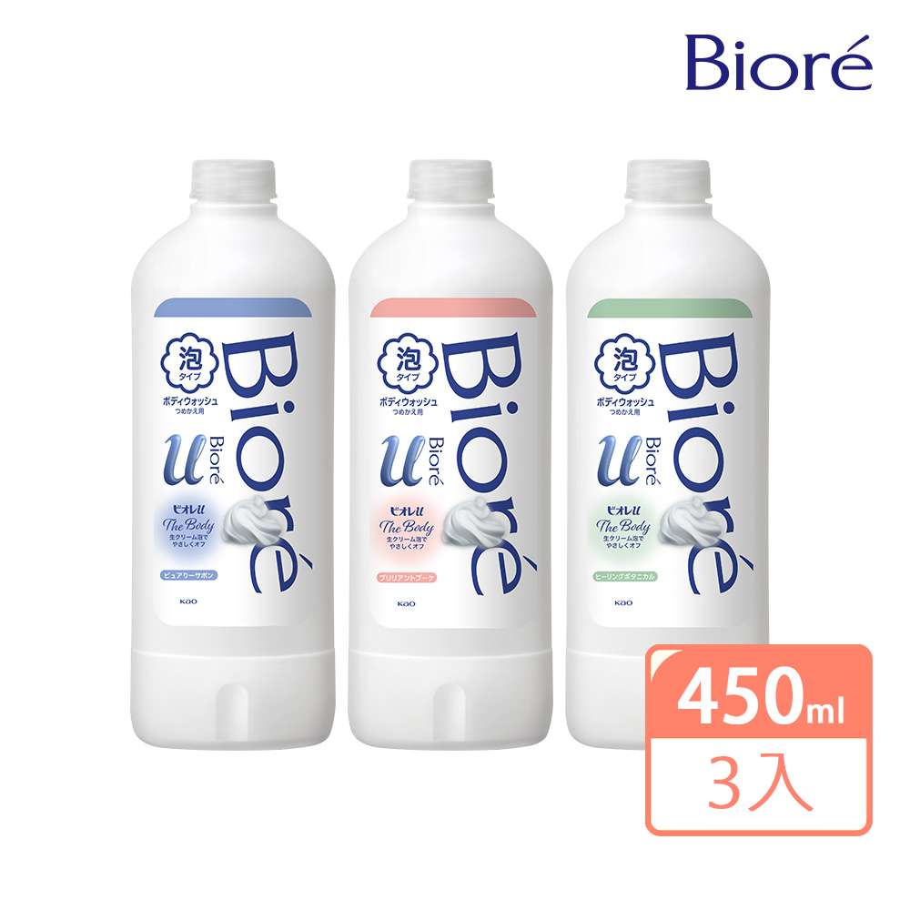 Biore 蜜妮 高彈潤沐浴慕絲補充瓶 450mlx3入(清新皂香/優雅花香/自然草本香)