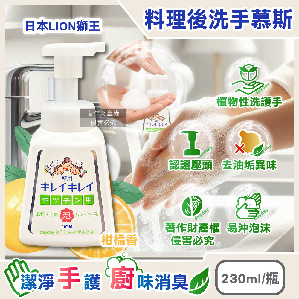 LION 日本獅王 植物性除料理後油垢異味洗手慕斯230ml/按壓白瓶-柑橘香(廚房烹飪髒污泡泡洗手)