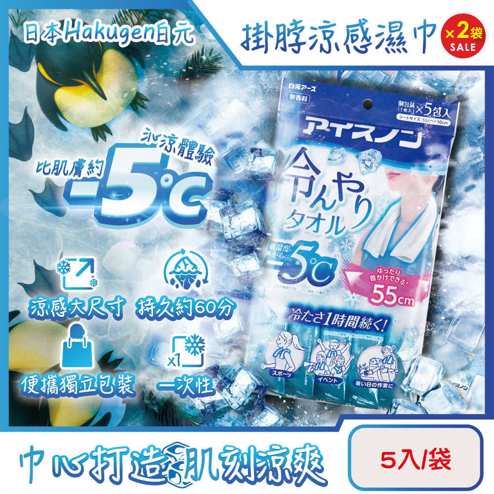 白元 (2袋10入超值組)日本Hakugen-約-5°C戶外清爽消暑一次性掛脖用涼感濕巾5入/藍袋(大尺寸55X30cm冰涼巾)