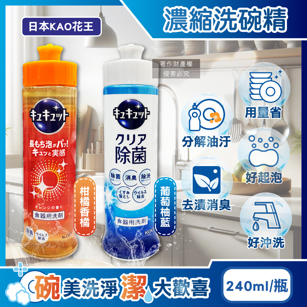 KAO 花王 日本珂珂透CUCUTE去重油汙除漬高效濃縮洗碗精240ml/瓶(柑橘香橘/葡萄柚藍_2款可選)