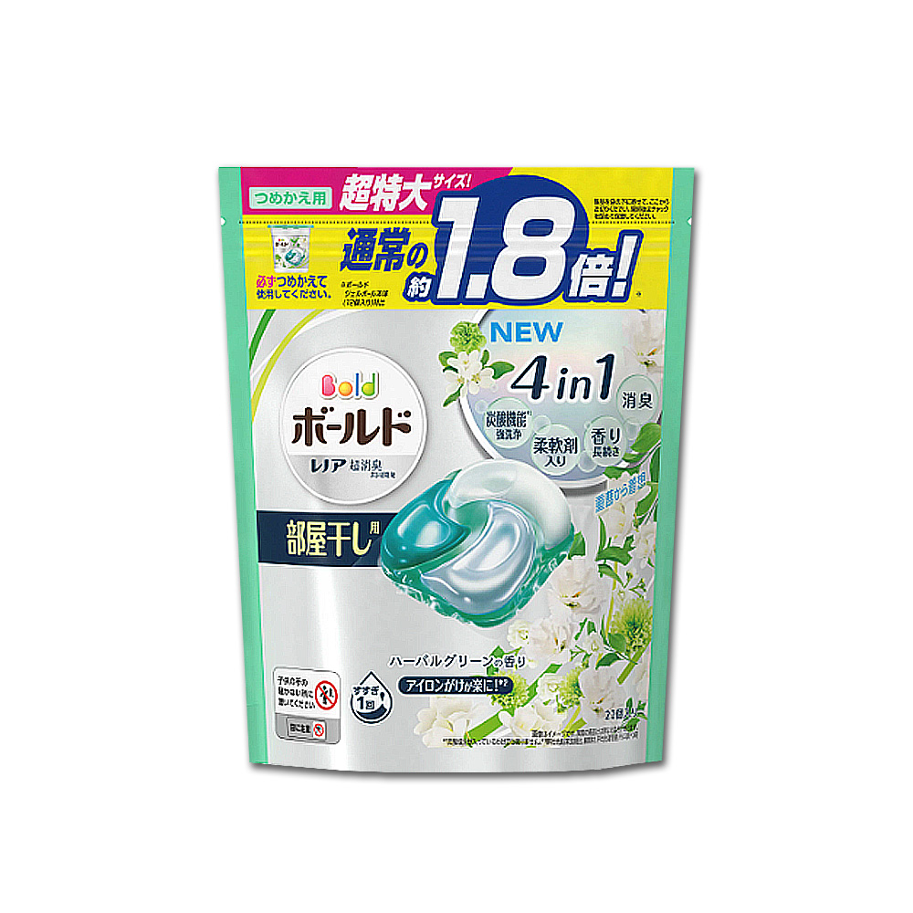 P&G 寶僑 日本Bold-衣物強洗淨消臭柔軟香氛洗衣凝膠球-淺綠色植萃花香22顆/袋(洗衣槽防霉洗衣膠囊洗衣球)