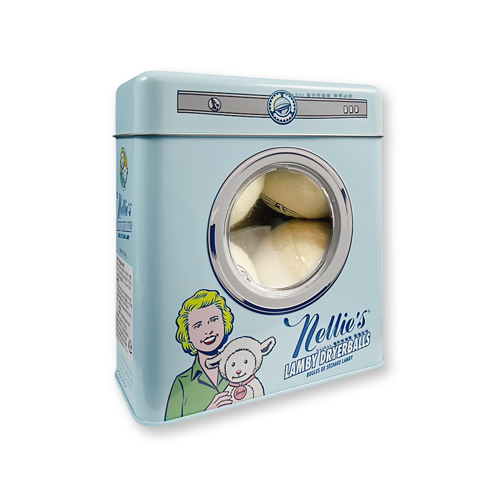 生活良品 加拿大Nellie’s-防靜電烘衣機純羊毛烘衣球4入/鐵盒(速乾柔順乾衣球洗衣球,可愛存錢筒包裝)