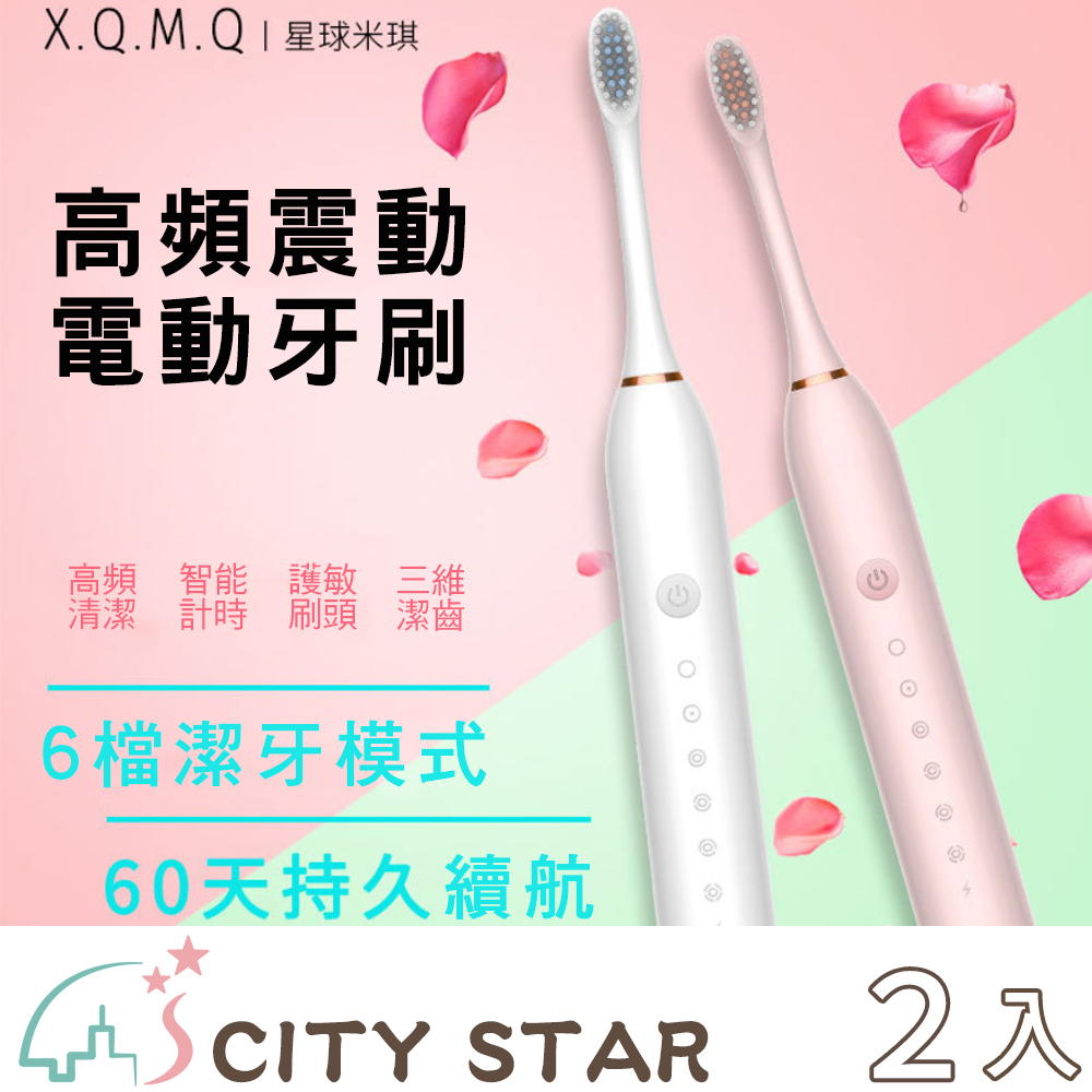 CITY STAR 新濠 充電式六檔電動牙刷2色(附10支牙刷頭+掛架)-2入