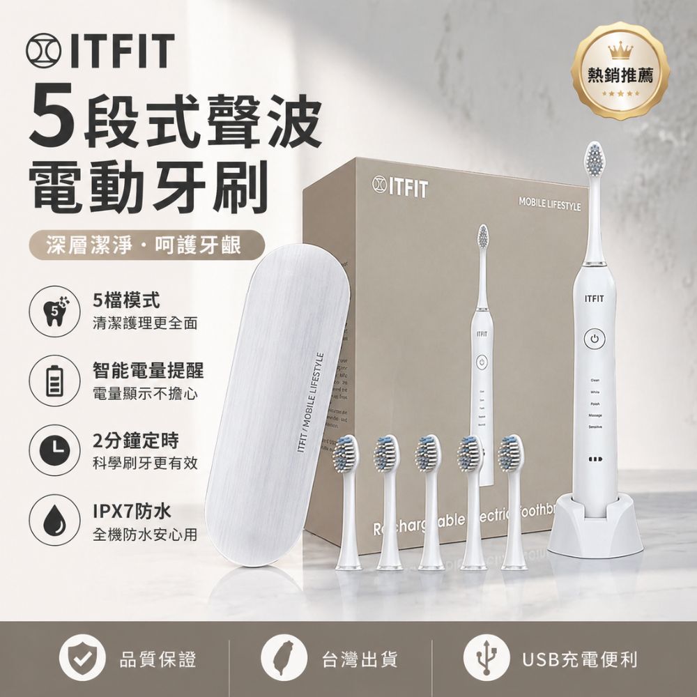 Samsung 三星 ITFIT 五段式聲波充電電動牙刷  附6刷頭 旅行便攜牙刷套組