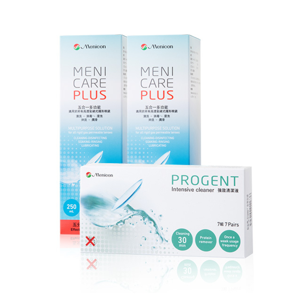 Menicon 目立康 五合一硬式隱形眼鏡清潔液250mlx2瓶+Progent去蛋白液7組裝x1盒