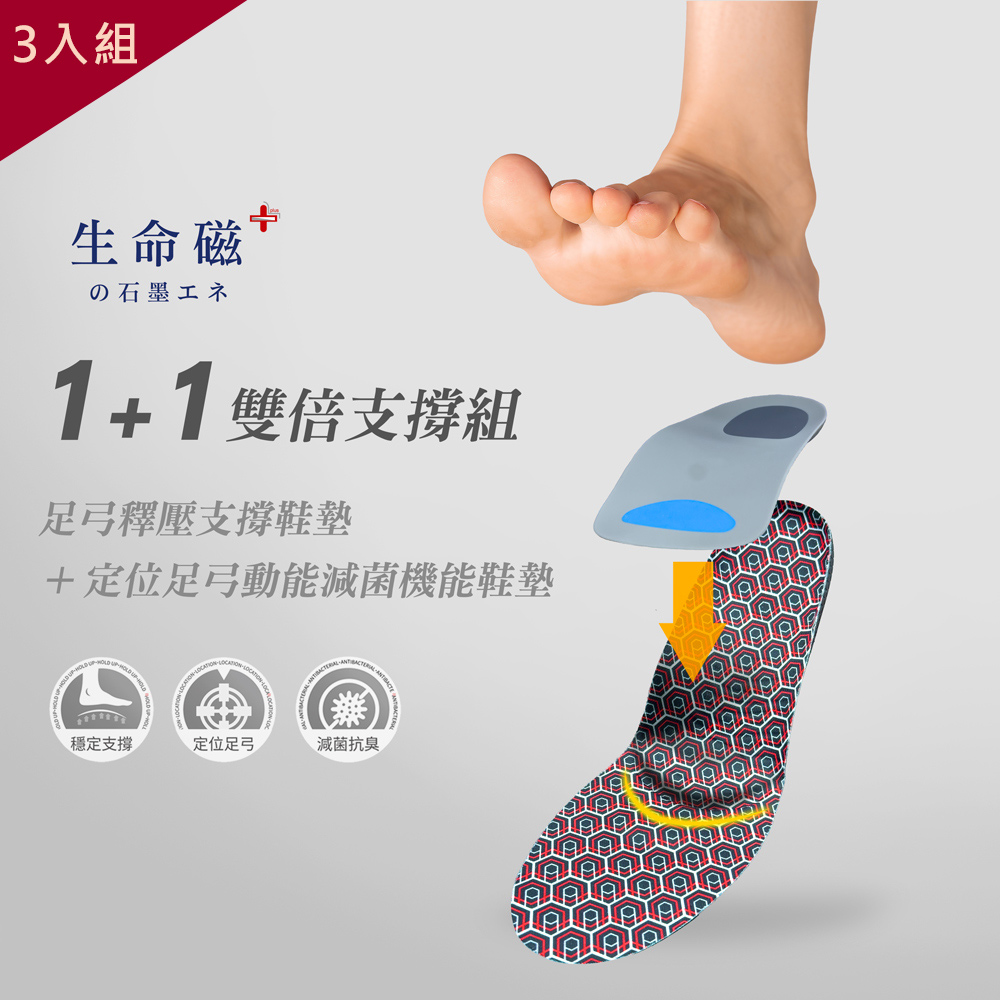 旭 生命磁石墨烯遠紅外線足弓鞋墊(舒適款)-3入組(贈模型足弓抗菌消臭鞋墊*3)