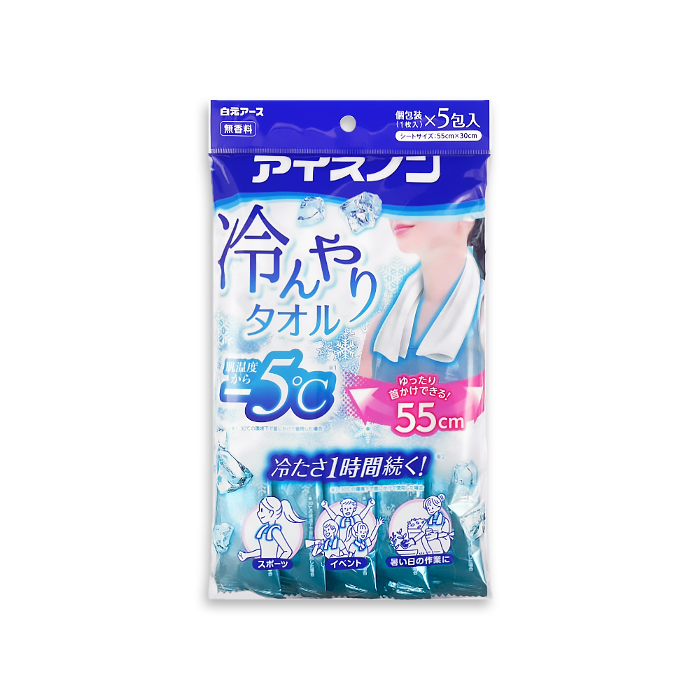 白元 日本戶外清爽消暑約-5°C掛脖涼感濕紙巾5入/藍袋(大尺寸55X30cm冰涼巾)