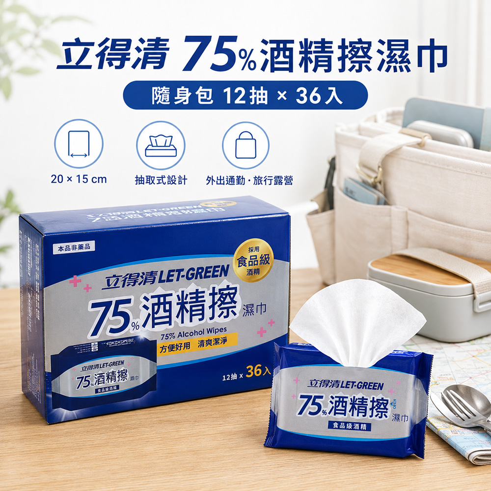 立得清 75%酒精擦濕巾 隨身包12抽X36入
