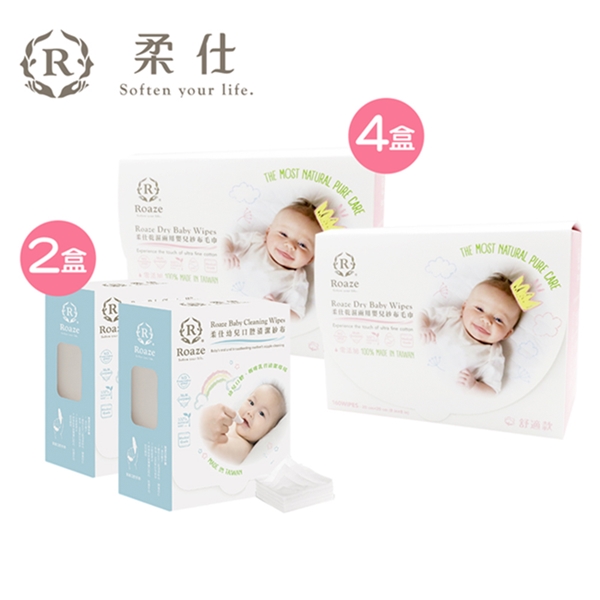 Roaze 柔仕 乾濕兩用布巾組(款 160片X4盒 + 清淨棉 180片X2盒)