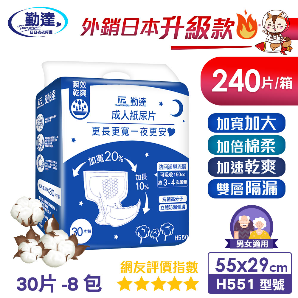 TEAMPOWER 勤達 共240片加寬加長防漏升級款成人大尿片-30片-8包(減少成人尿褲使用量、日夜守護)