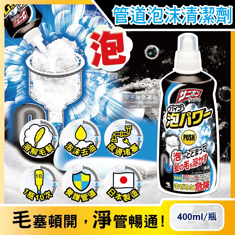 小林製藥 日本Sanibon超濃密泡泡衛浴水管疏通劑400ml/黑瓶(洗手台排水管泡沫清潔疏通劑)