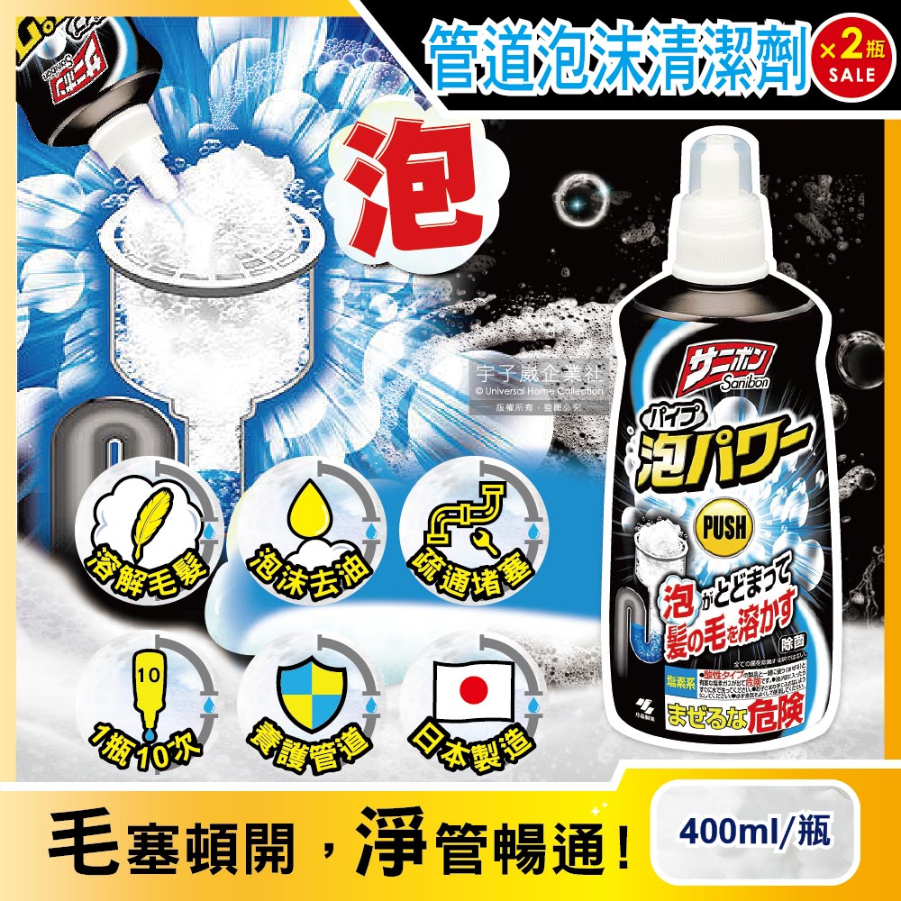 小林製藥 (2瓶超值組)日本Sanibon超濃密泡泡衛浴水管疏通劑400ml/黑瓶(洗手台排水管泡沫清潔疏通劑)